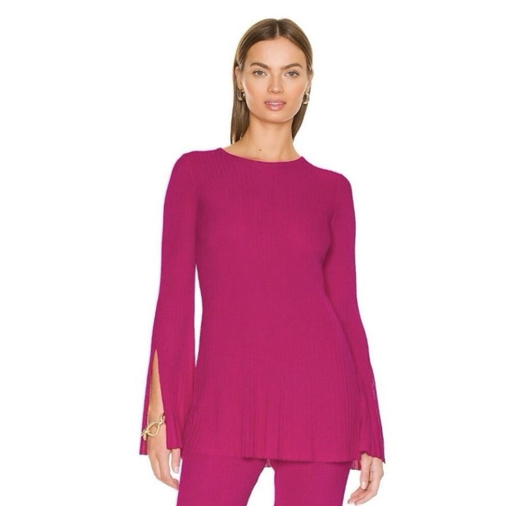 Cult Gaia Kasia Flared Sleeve Stretch Knit Bloom Pink Ribbed Top Medium New Z3